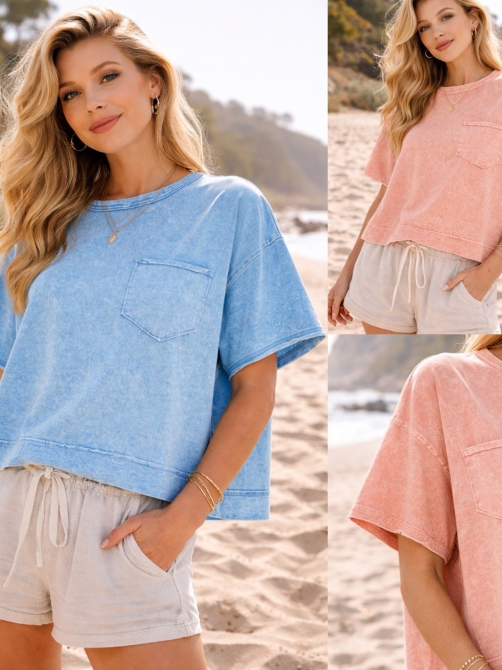 🍓 
“ Santa Monica Halo “ Oversized Cotton Tee | Pacific Sky / Sunset Blush
